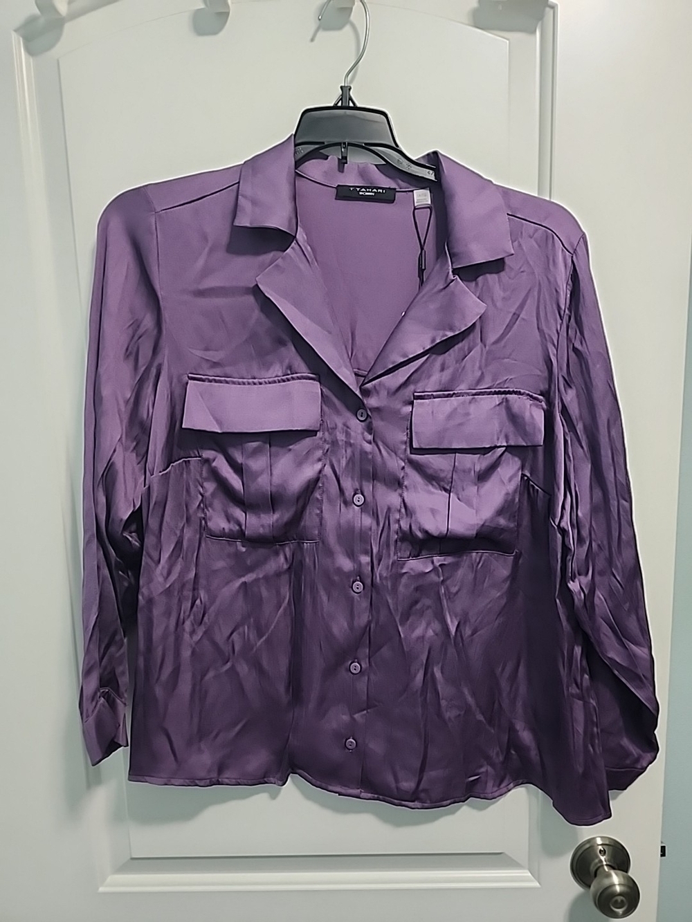 Tahari Satin Purple Button-Front Blouse with Flap Pockets